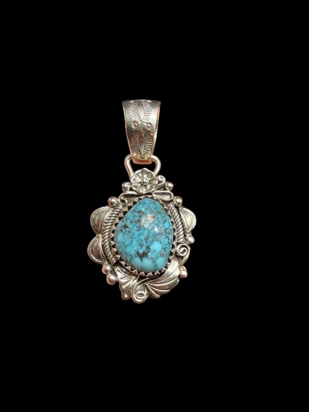 Navajo Lorenzo Juan Sterling Silver Turquoise Pendant Dangle Etched Floral
